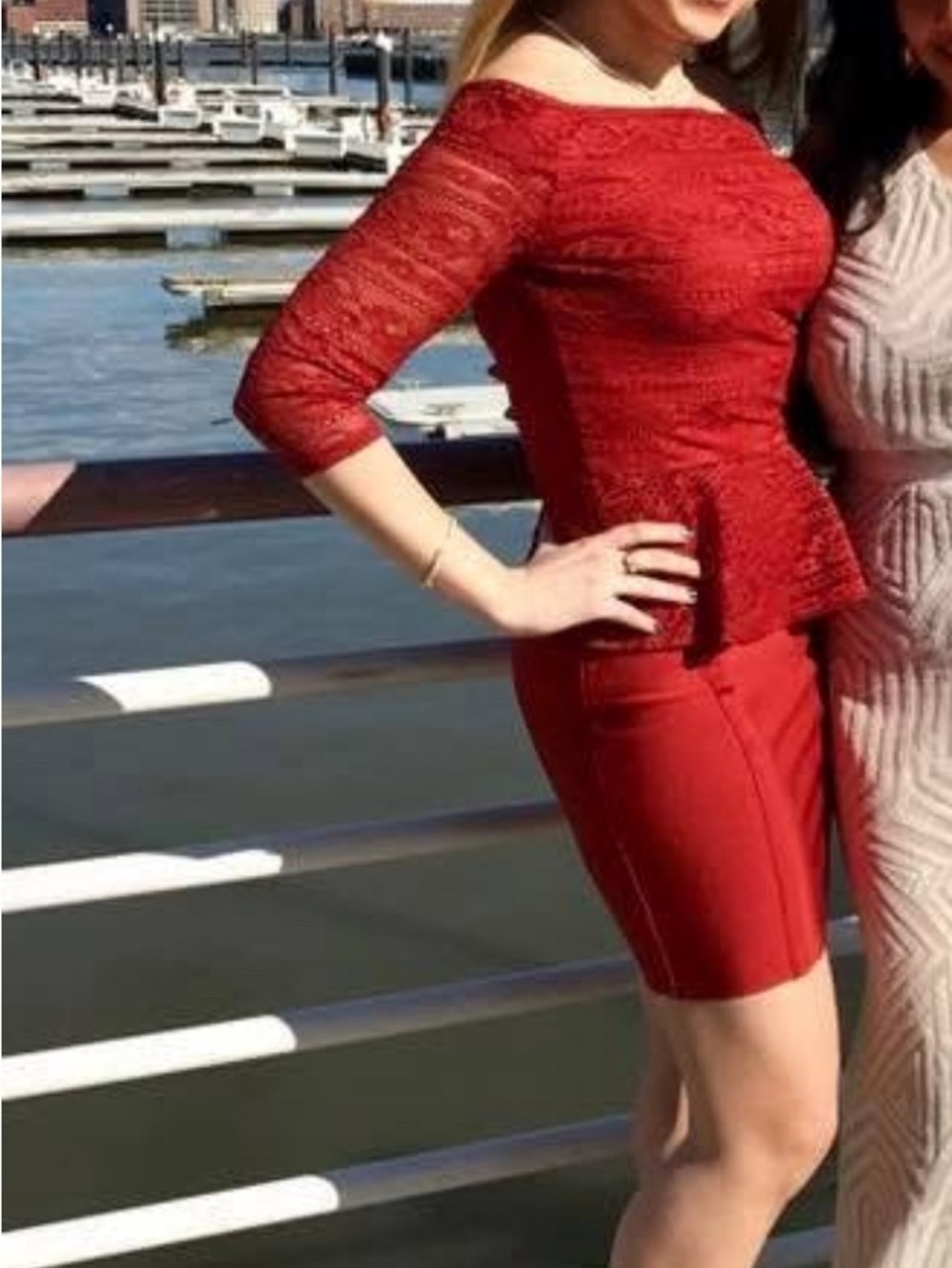 bebe Red Lace Peplum Top